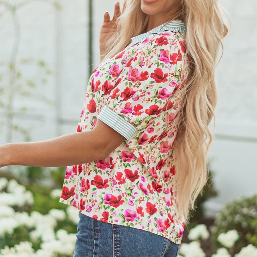 entro Floral Pink and Red Collared Blouse - Picture 6 of 12
